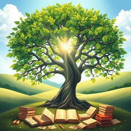 A beautifully illustrated Tree of Knowledge, with lush green leaves and intricate branches that symbolize wisdom and learning