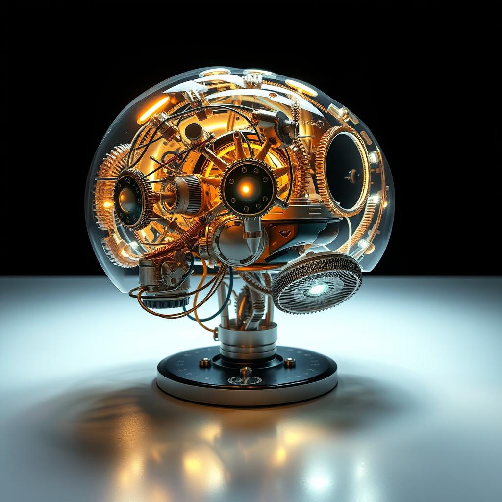 A stunningly detailed mechanical brain, showcasing intricate gears, circuits, and a luminous glow emanating from within