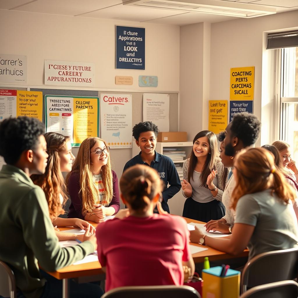 A group of high school students engaged in a vibrant discussion about their future career aspirations, surrounded by educational posters and motivational quotes on the walls