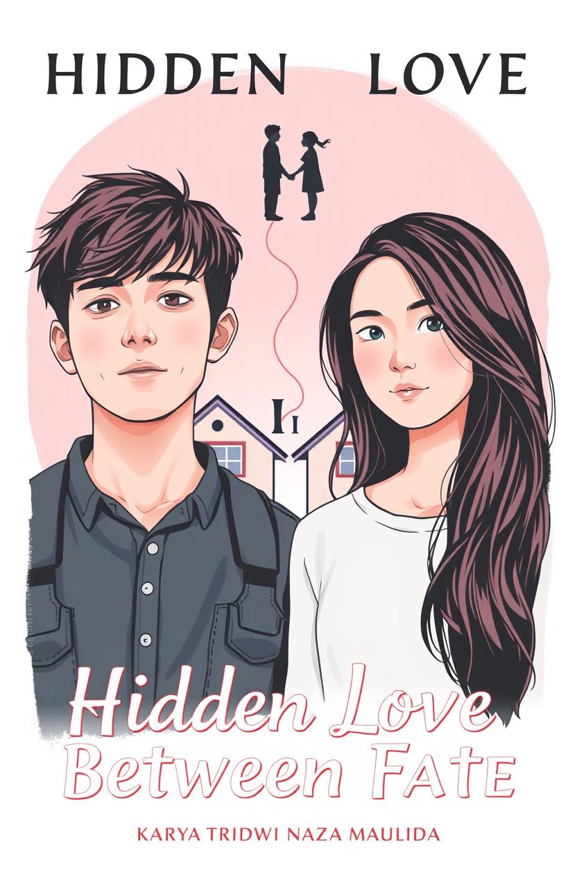 A novel cover design for 'Hidden Love Between Fate' featuring a handsome disheveled young man and a beautiful girl with long hair, both dressed in high school attire
