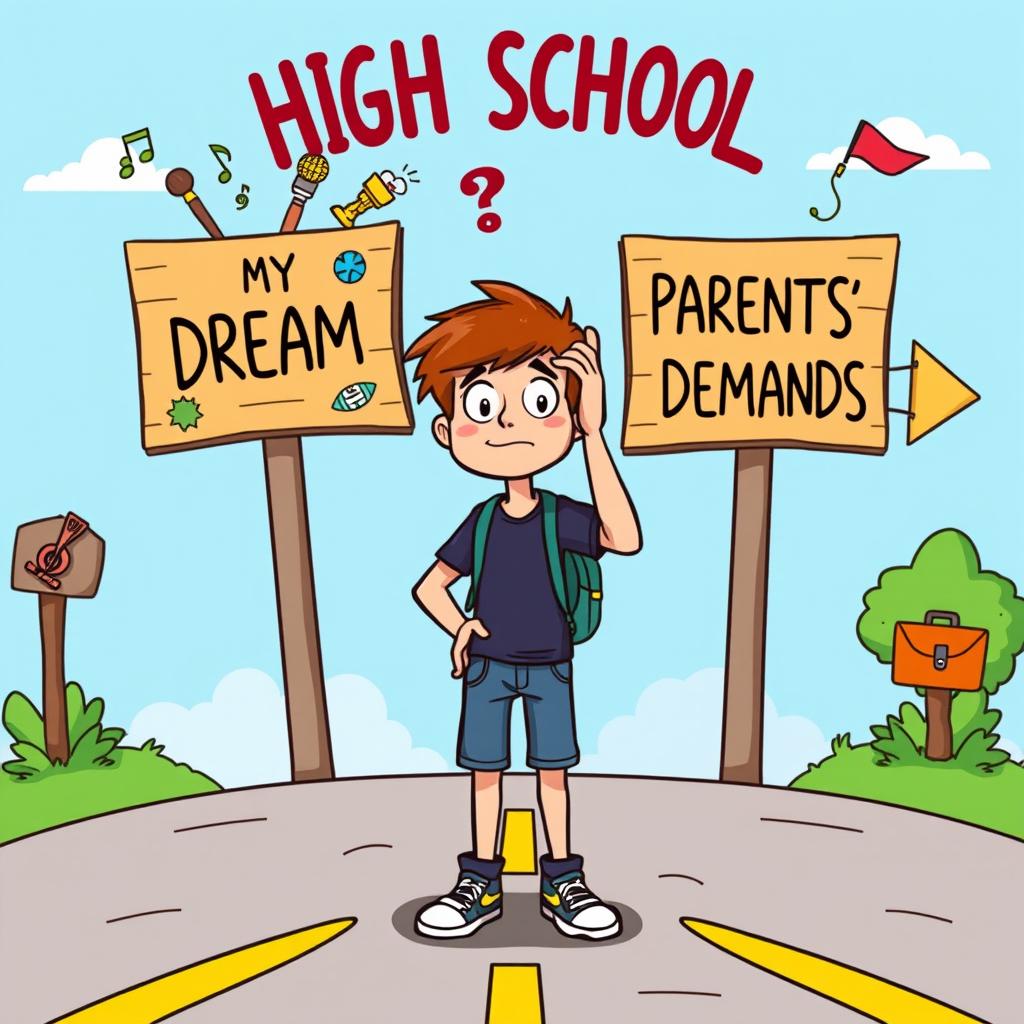 A cartoon-style illustration of a high school student standing at a crossroads, looking confused as he contemplates his future