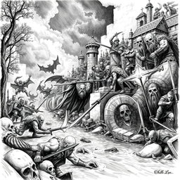 A dramatic black and white drawing depicting the attack of a dwarven city situated along a river as it faces an assault by shadow elves emerging from the underground
