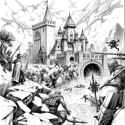 A dramatic black and white drawing depicting the attack of a dwarven city situated along a river as it faces an assault by shadow elves emerging from the underground