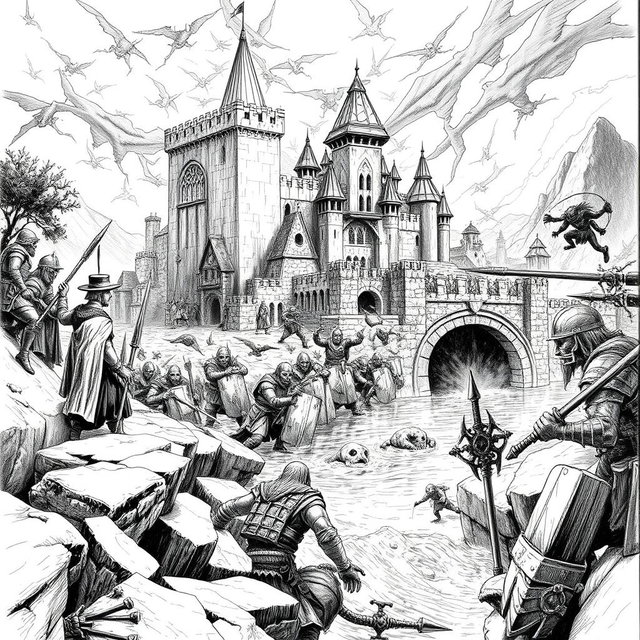 A dramatic black and white drawing depicting the attack of a dwarven city situated along a river as it faces an assault by shadow elves emerging from the underground