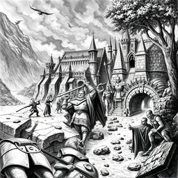 A dramatic black and white drawing depicting the attack of a dwarven city situated along a river as it faces an assault by shadow elves emerging from the underground