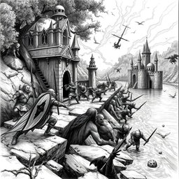 A dramatic black and white drawing depicting the attack of a dwarven city situated along a river as it faces an assault by shadow elves emerging from the underground