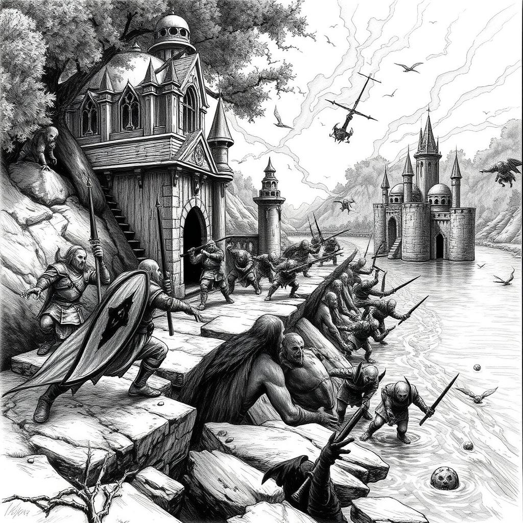 A dramatic black and white drawing depicting the attack of a dwarven city situated along a river as it faces an assault by shadow elves emerging from the underground