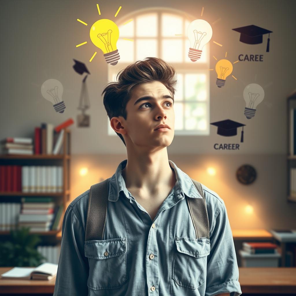 A thoughtful scene depicting a student navigating career decision-making challenges with a sense of clarity