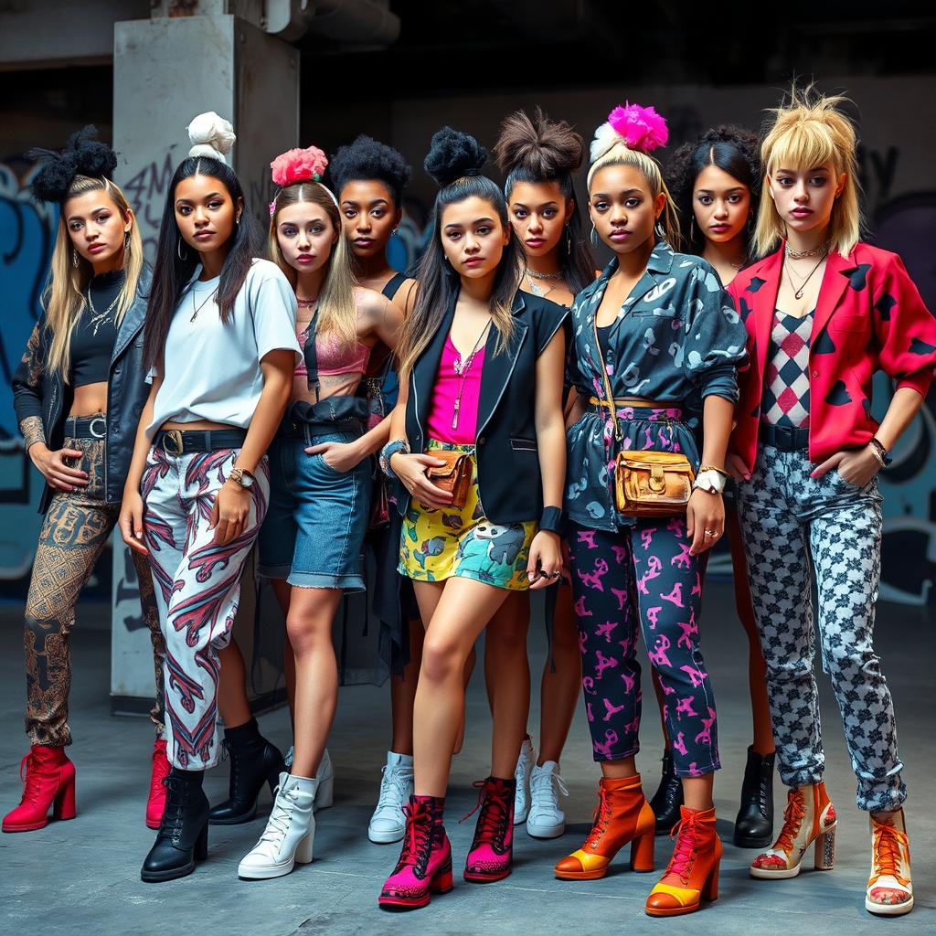 A stylish and trendy fashion showcase featuring a diverse group of models wearing contemporary outfits