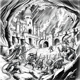 An intense black and white drawing depicting the attack of a dwarven city on the surface by evil elves emerging from the underground