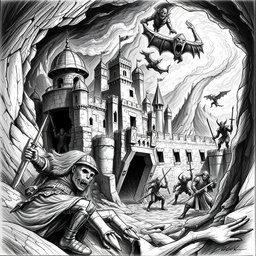 An intense black and white drawing depicting the attack of a dwarven city on the surface by evil elves emerging from the underground