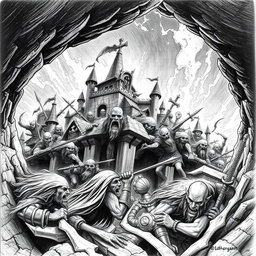 An intense black and white drawing depicting the attack of a dwarven city on the surface by evil elves emerging from the underground