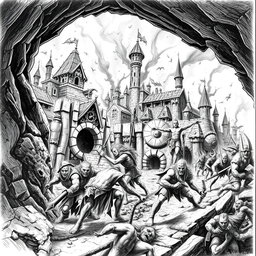 An intense black and white drawing depicting the attack of a dwarven city on the surface by evil elves emerging from the underground