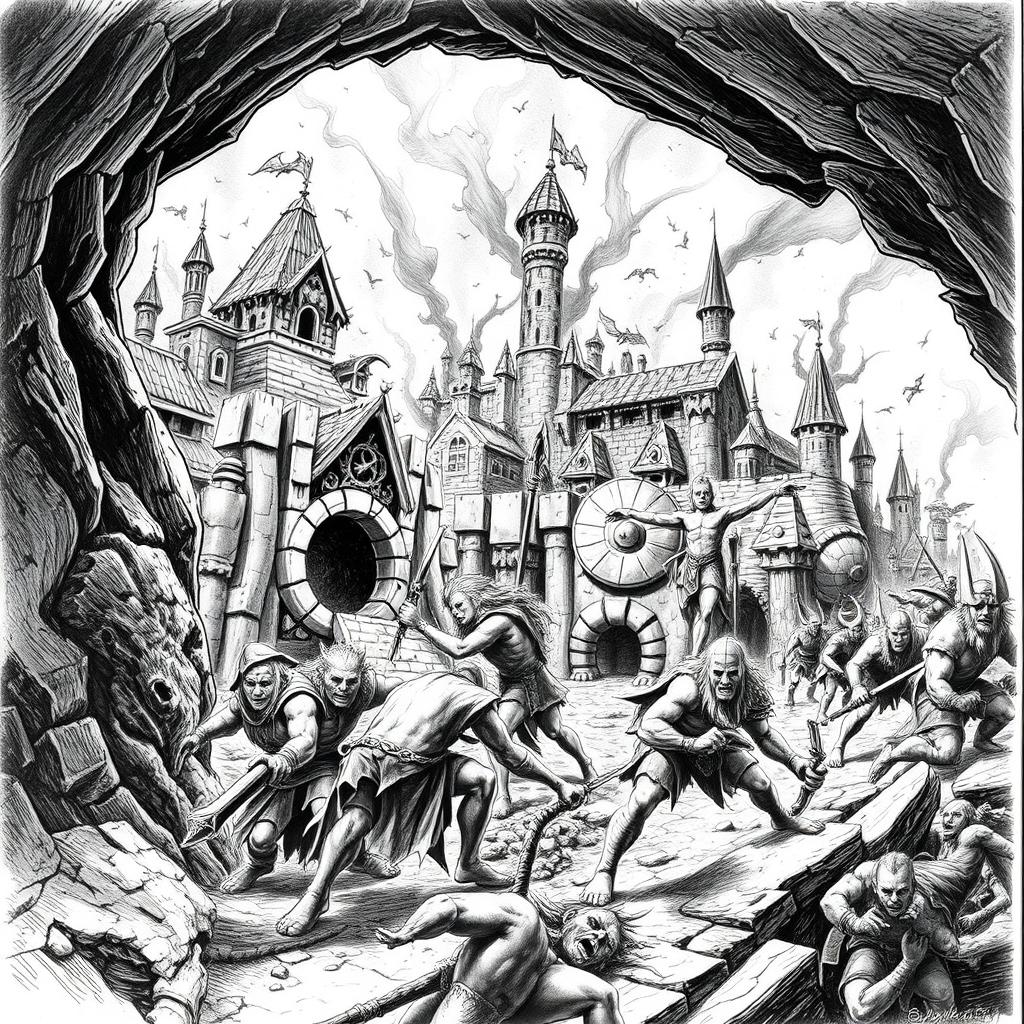 An intense black and white drawing depicting the attack of a dwarven city on the surface by evil elves emerging from the underground