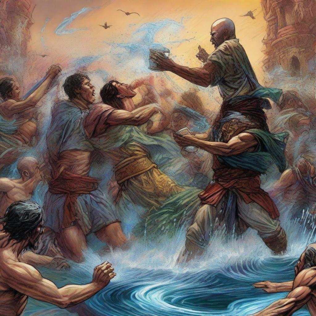 A digital art image depicting a dramatic scene of a battle over a cup of water