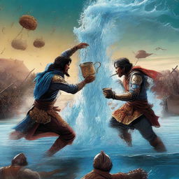 A digital art image depicting a dramatic scene of a battle over a cup of water