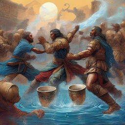 A digital art image depicting a dramatic scene of a battle over a cup of water