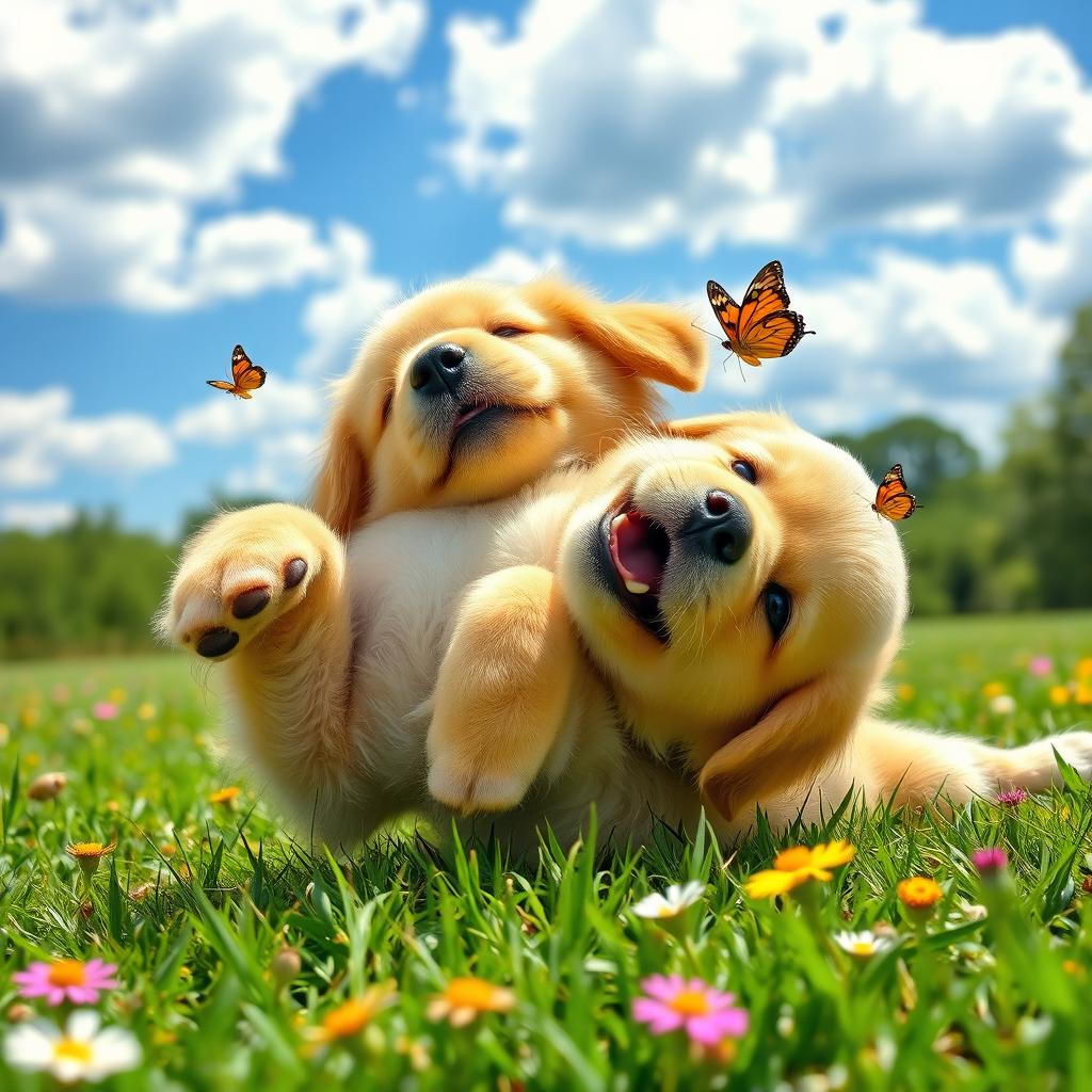 A playful golden retriever puppy rolling on its back in a sunny, green park