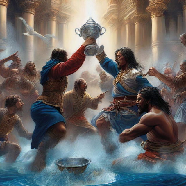 A digital art image depicting a dramatic scene of a battle over a cup of water