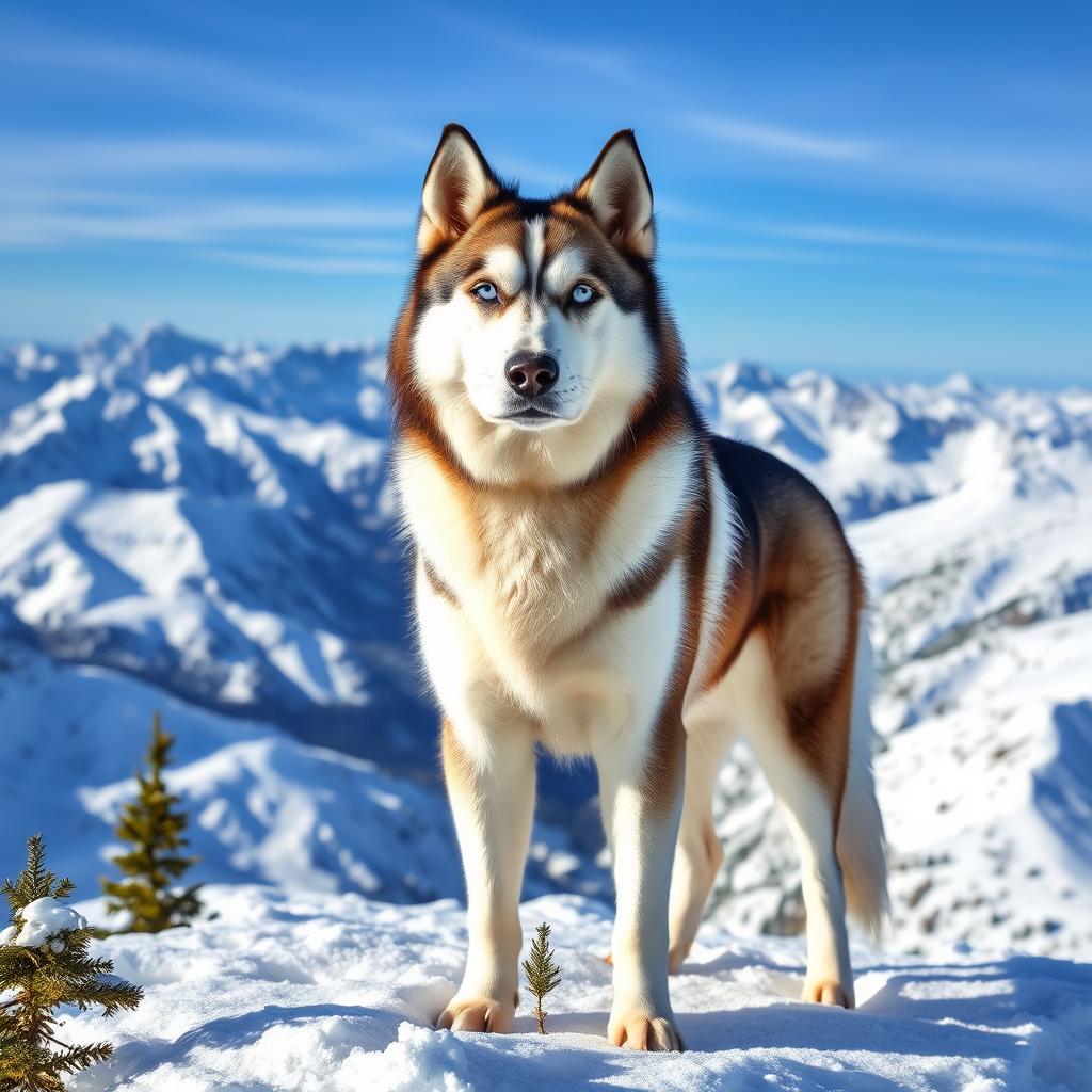 A majestic Siberian husky standing proudly on a snowy mountain peak, its thick fur reflecting the sunlight
