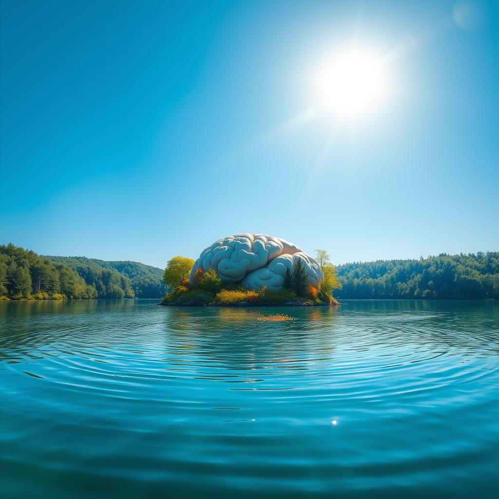 A serene lake surrounded by lush green forests under a bright blue sky