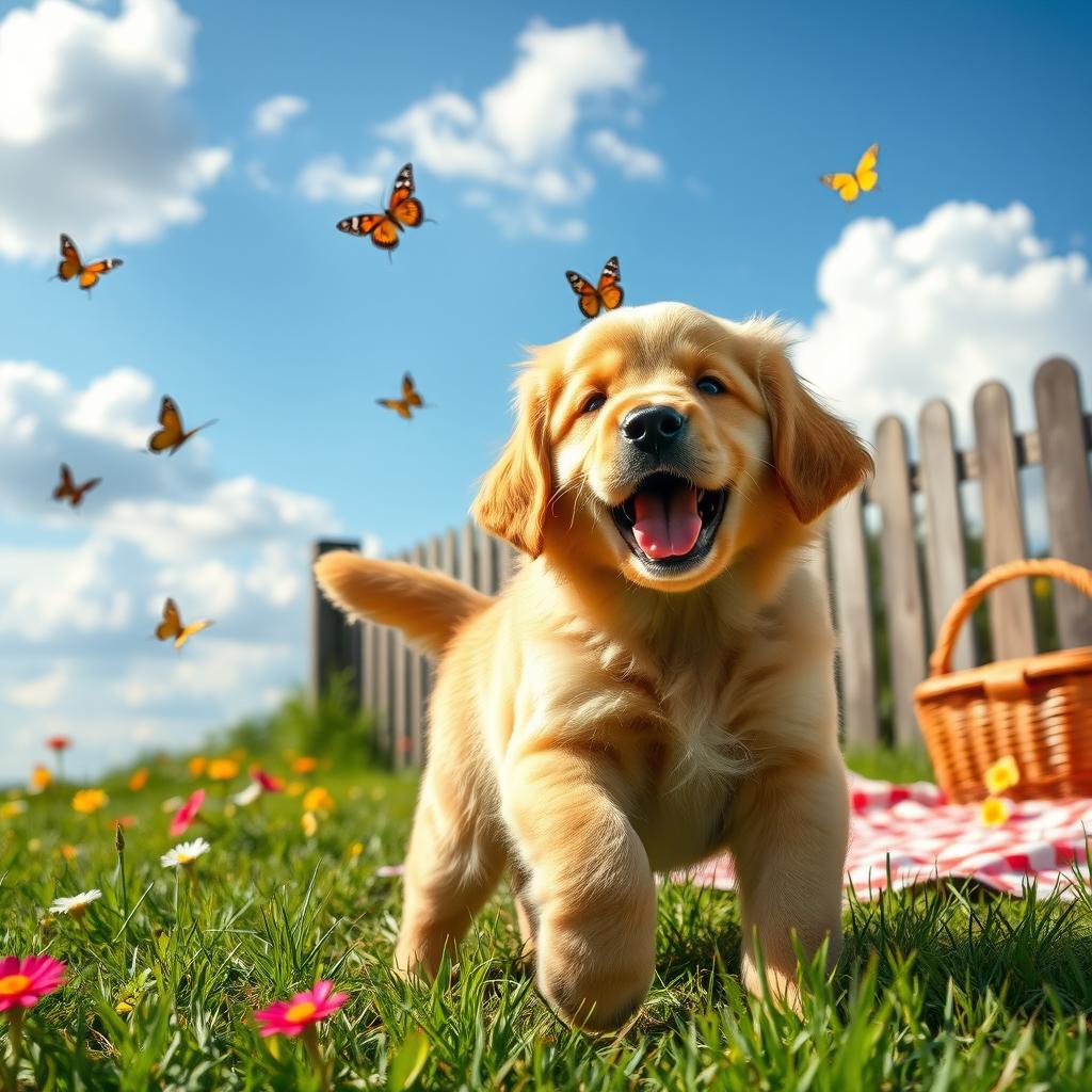 A playful golden retriever puppy with a shiny coat, wagging its tail energetically in a sunny park with green grass and colorful flowers