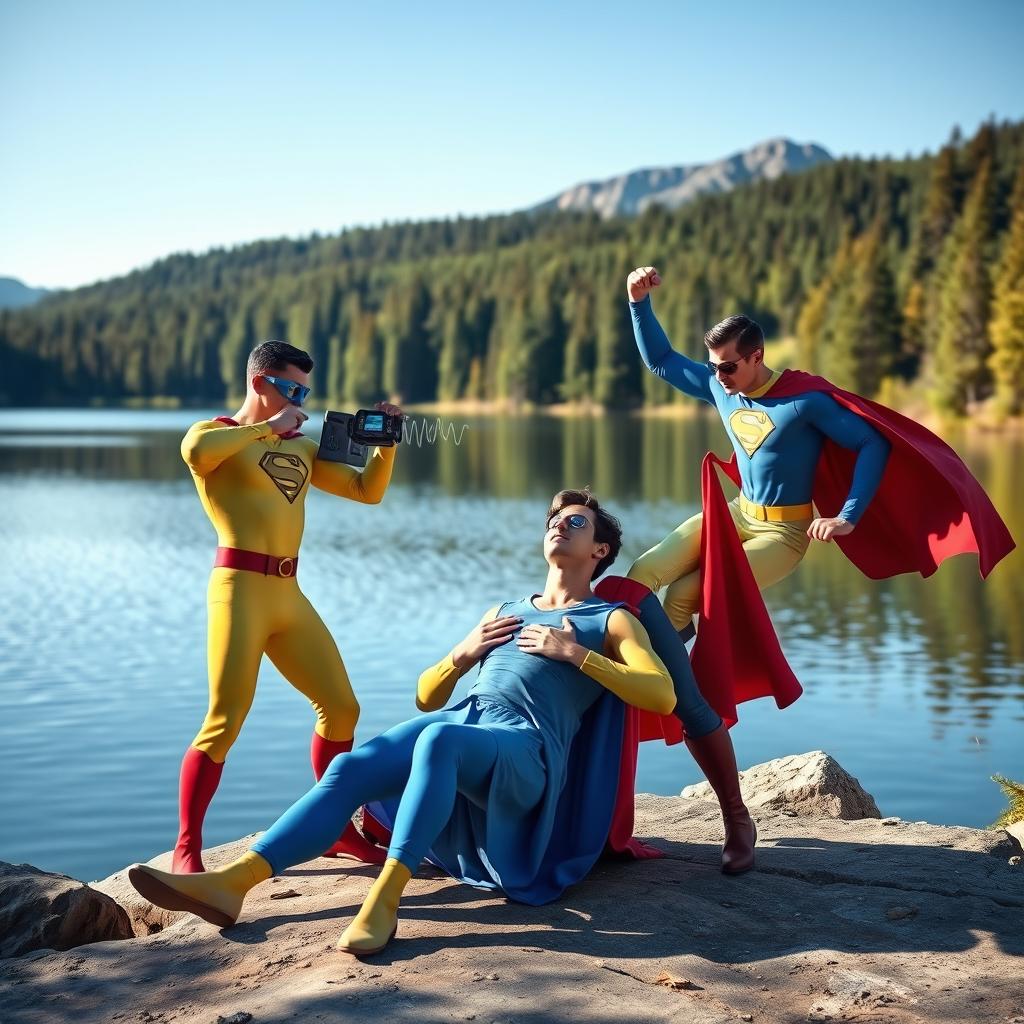 A dynamic scene of superheroes depicted as powerful, heroic figures at a serene lake, working collaboratively to save a patient from a stroke