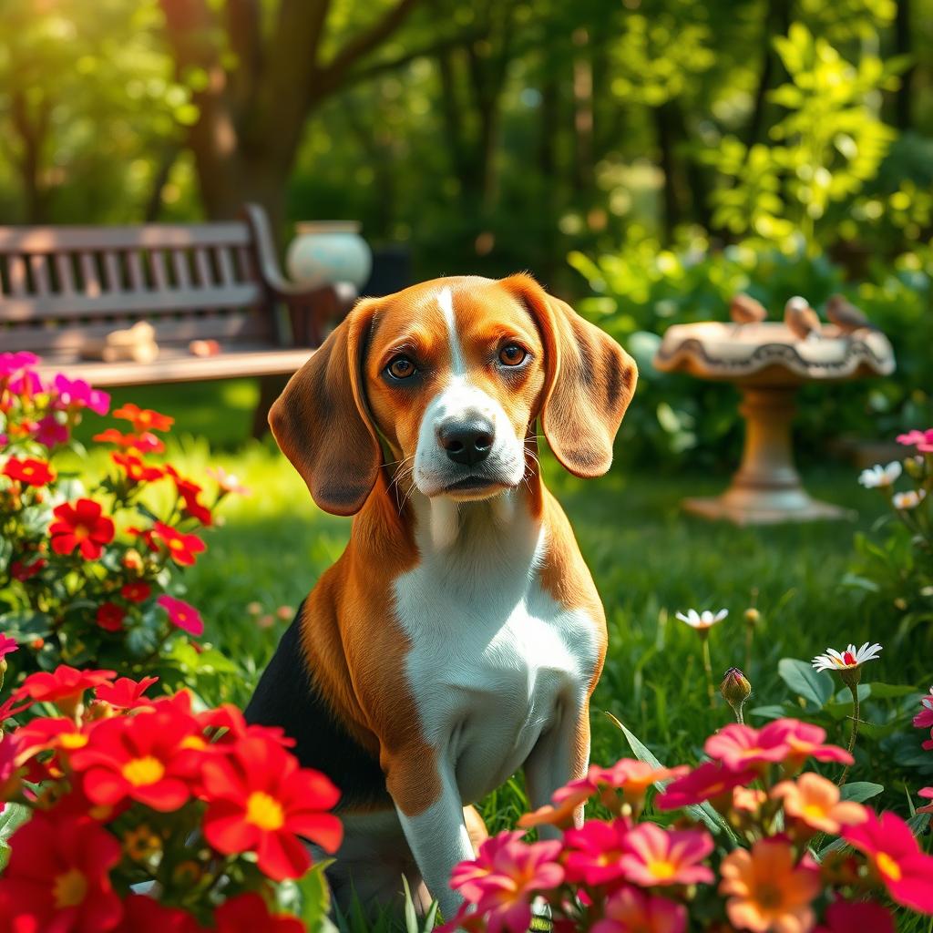 A charming beagle sitting attentively in a lush green garden, with vibrant flowers blooming around it