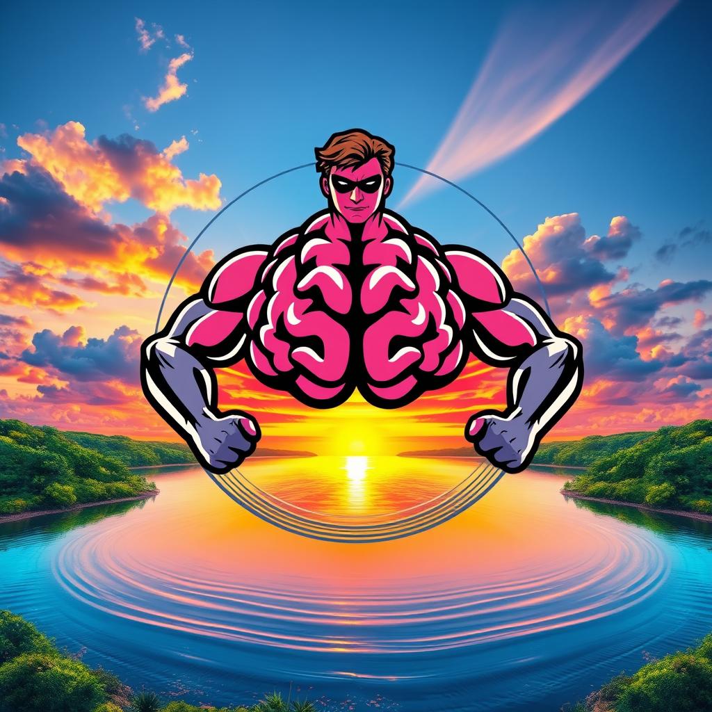 A striking superhero icon, featuring a stylized brain at the center, symbolizing intelligence and creativity