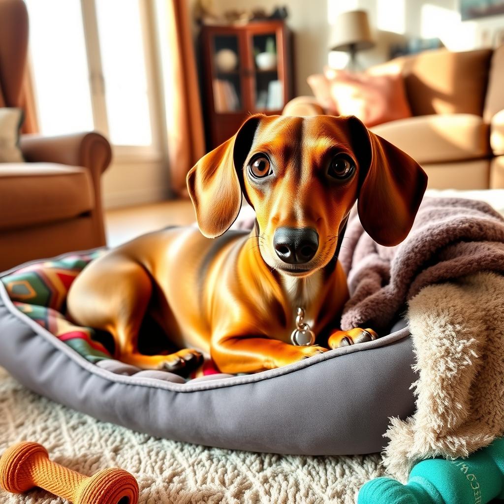 An adorable dachshund with a smooth, shiny coat, lounging comfortably on a cozy dog bed in a warmly decorated living room