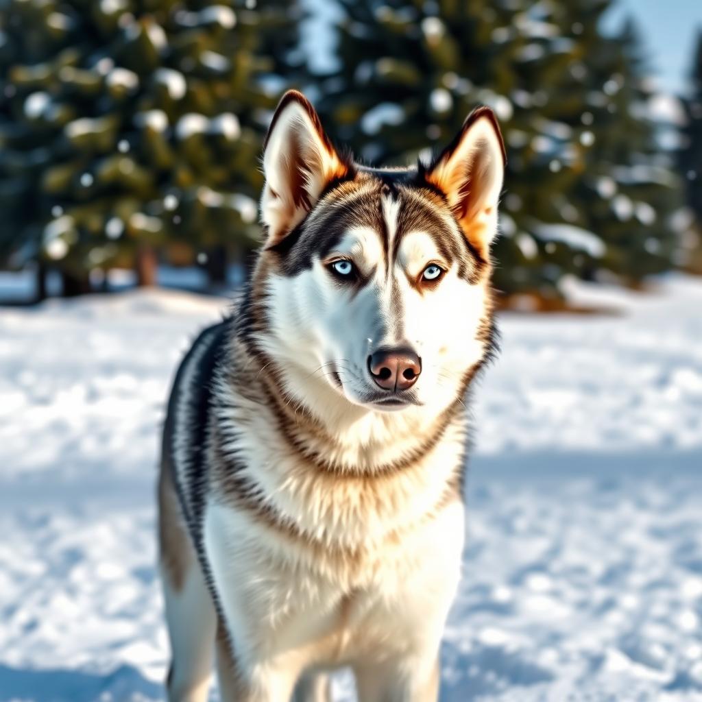 A majestic Siberian Husky standing proudly in a snowy landscape, its thick fur coat glistening in the sunlight