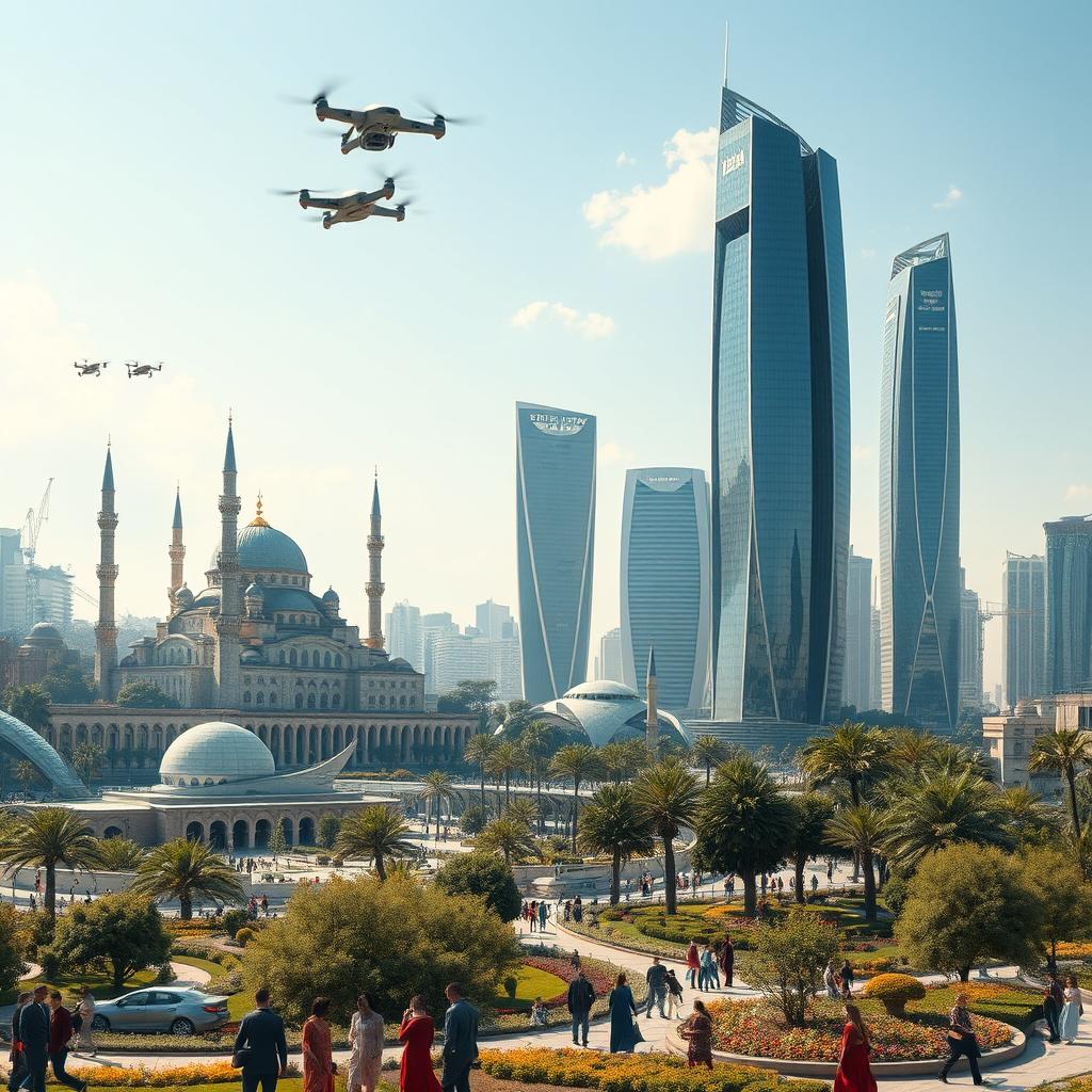 A futuristic view of Iran in the year 2030, showcasing a blend of traditional Persian architecture and modern technological advancements