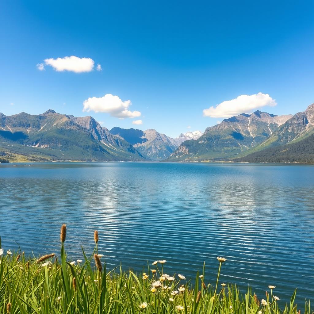 A serene landscape featuring a tranquil lake surrounded by majestic mountains under a clear blue sky