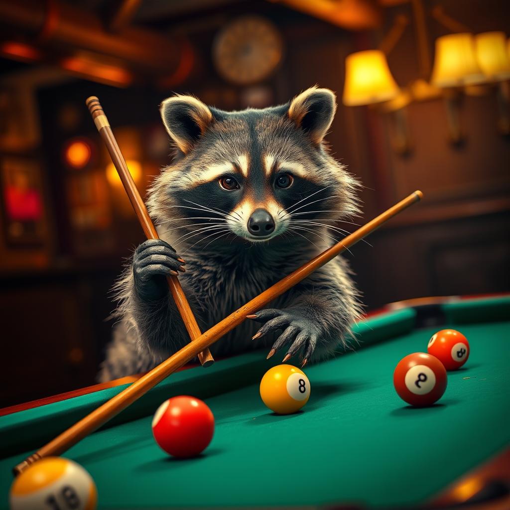A charismatic animal, such as a raccoon, elegantly holding a cue stick, poised as if ready to take a shot at a billiards table