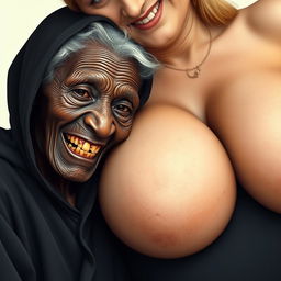 An elderly, malnourished African lady with a petite frame, showcasing her aged, rotten teeth, dressed in a long, completely closed black outfit with a hood