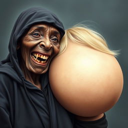 An elderly, malnourished African lady with a petite frame, showcasing her aged, rotten teeth, dressed in a long, completely closed black outfit with a hood
