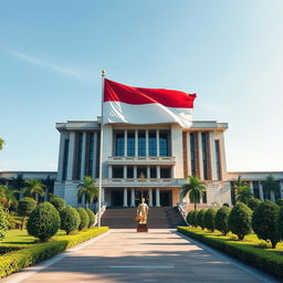An artistic representation of the 'Mahkamah Konstitusi' (Constitutional Court) in Indonesia, showcasing its grand architecture with an emphasis on its significance in upholding constitutional law