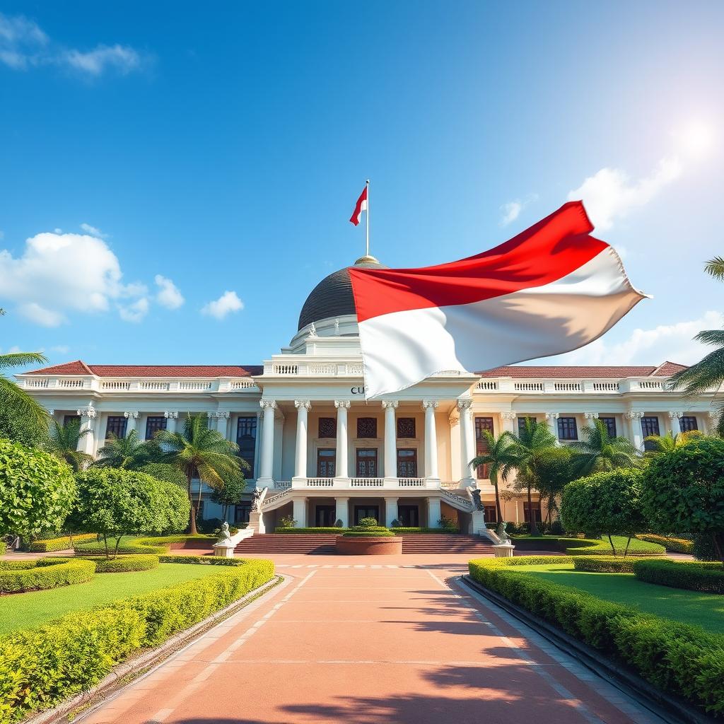 An artistic representation of the 'Mahkamah Konstitusi' (Constitutional Court) in Indonesia, showcasing its grand architecture with an emphasis on its significance in upholding constitutional law