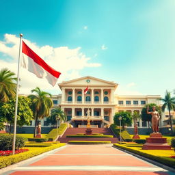 An artistic representation of the 'Mahkamah Konstitusi' (Constitutional Court) in Indonesia, showcasing its grand architecture with an emphasis on its significance in upholding constitutional law