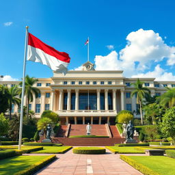 An artistic representation of the 'Mahkamah Konstitusi' (Constitutional Court) in Indonesia, showcasing its grand architecture with an emphasis on its significance in upholding constitutional law