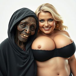 An elderly, malnourished African lady with a tiny frame displaying her decayed, 150-year-old teeth, attired in a long, fully covered black outfit with a hood