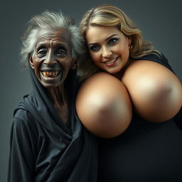 An elderly, malnourished African lady with a tiny frame displaying her decayed, 150-year-old teeth, attired in a long, fully covered black outfit with a hood