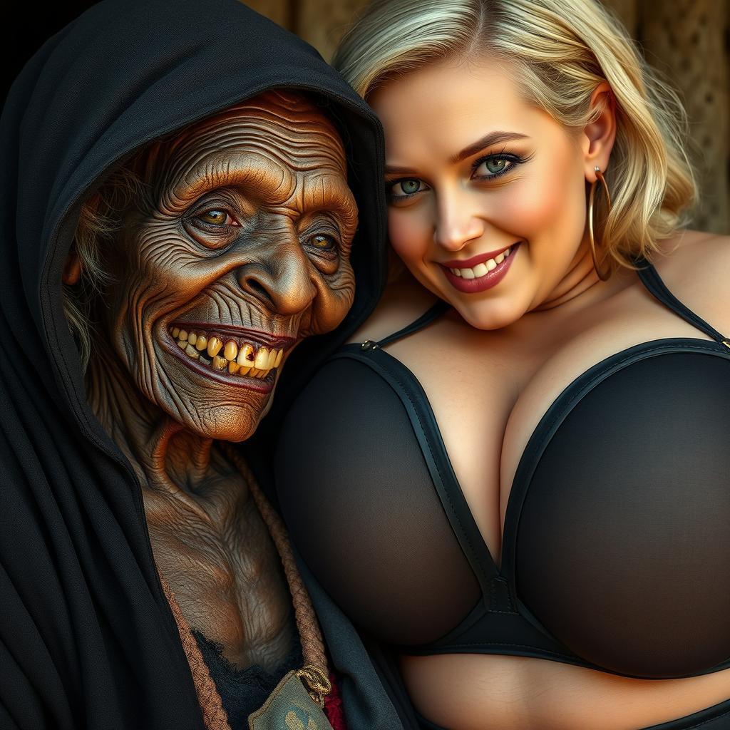 An elderly, malnourished African lady with a tiny frame displaying her decayed, 150-year-old teeth, attired in a long, fully covered black outfit with a hood