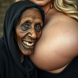 An elderly, malnourished African lady with a small frame revealing her 150-year-old rotten teeth, dressed in a long black outfit that is completely closed with a hood