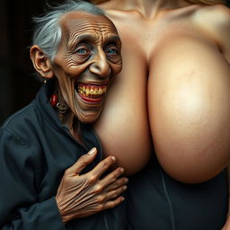 An elderly, malnourished, and diminutive African lady displaying her 150-year-old rotten teeth, dressed in a long black outfit that is completely zipped up