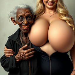 An elderly, malnourished, and diminutive African lady displaying her 150-year-old rotten teeth, dressed in a long, fully zipped black outfit