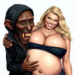 An elderly, malnourished, and diminutive African lady displaying her 150-year-old rotten teeth, dressed in a long, fully zipped black outfit