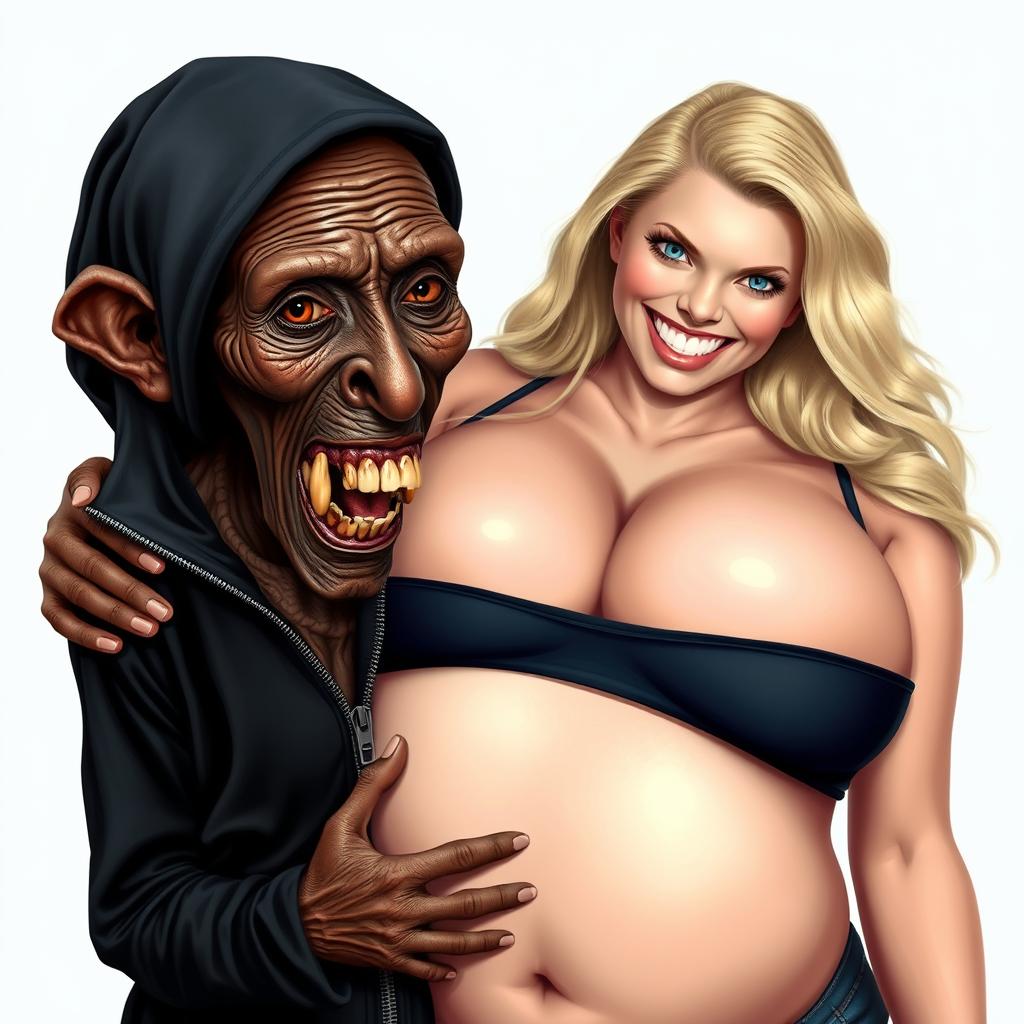 An elderly, malnourished, and diminutive African lady displaying her 150-year-old rotten teeth, dressed in a long, fully zipped black outfit