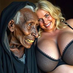 An elderly, malnourished African lady with a petite frame revealing her 150-year-old rotten teeth, dressed in a long black outfit that is fully closed with a hood