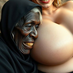 An elderly, malnourished African lady with a petite frame revealing her 150-year-old rotten teeth, dressed in a long black outfit that is fully closed with a hood